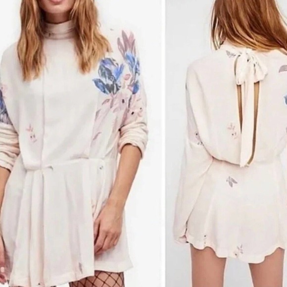 Free People Gemma Tunic Mini Dress‎ Ivory LARGE Floral Mock Neck Keyhole Back - Picture 5 of 16